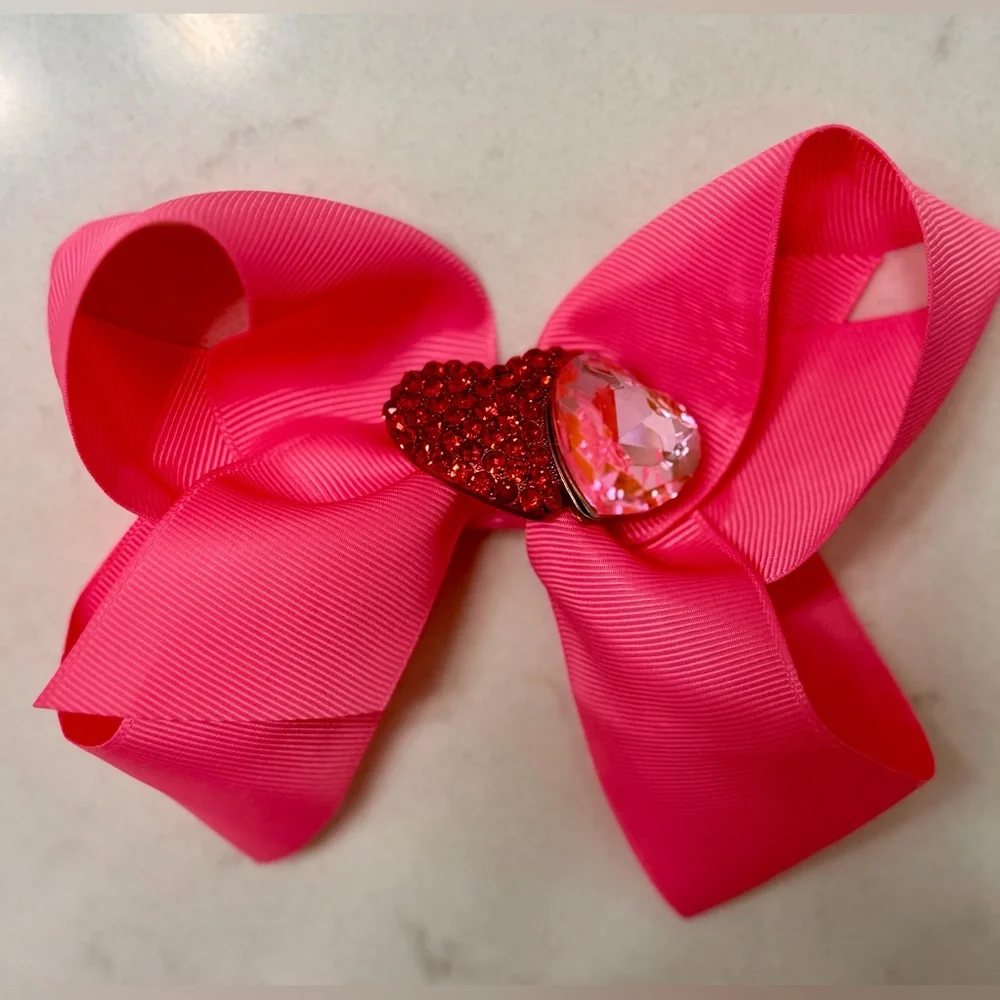 Large Girls Pink Valentine Heart Bow w Double Heart Crystal Brooch Center. NEW